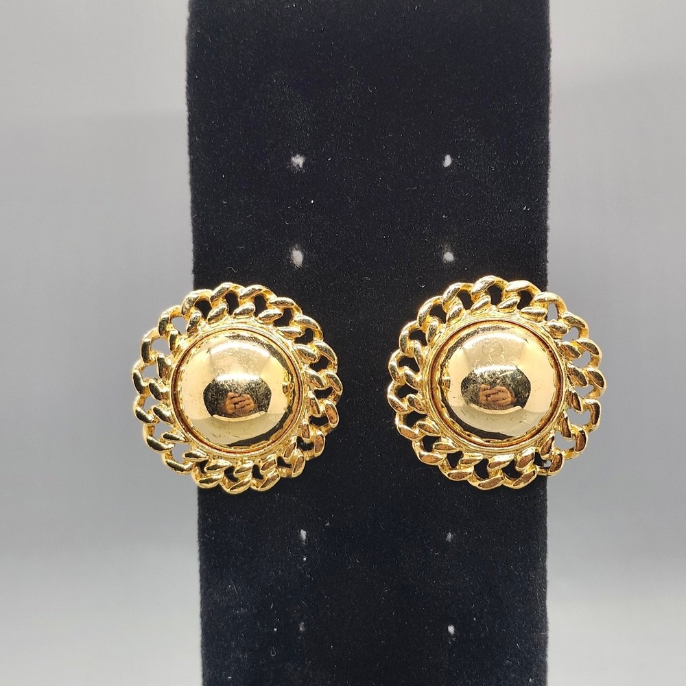AVON Gold Tone Clip On Earrings 1.25 Domed Chain Link Vintage Statement Jewelry